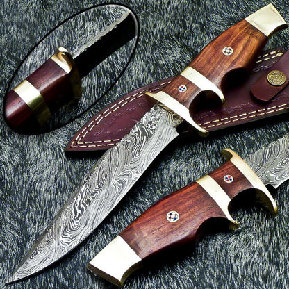 12" Damascus Hunting Bowie Knife – Natural Wood Handle with Leather Sheath