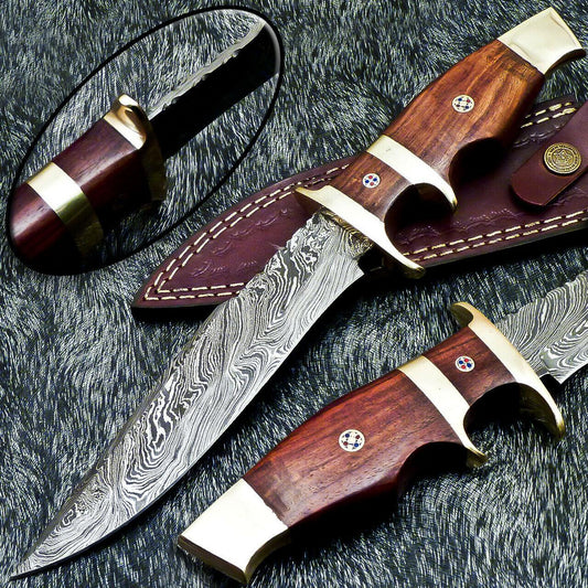 12" Damascus Hunting Bowie Knife – Natural Wood Handle with Leather Sheath