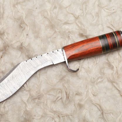 12" Damascus Kukri Bowie Knife with Wood Handle Survival Blade