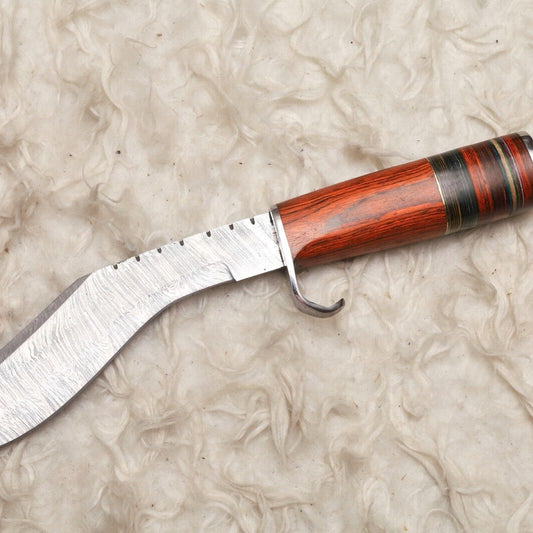 12" Damascus Kukri Bowie Knife with Wood Handle Survival Blade