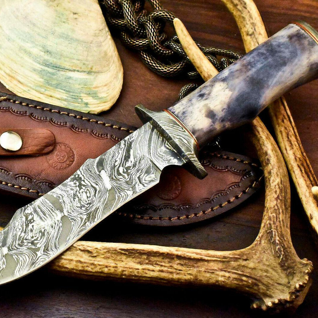 12" Damascus Steel Bowie Hunting Knife | Stained Camel Bone Handle