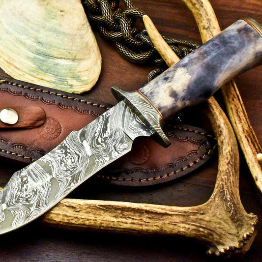 12" Damascus Steel Bowie Hunting Knife | Stained Camel Bone Handle