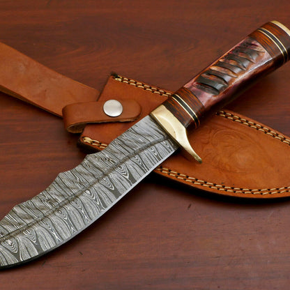 12" Damascus Steel Bowie Knife – Brass Guard, Camel Bone & Pakka Wood