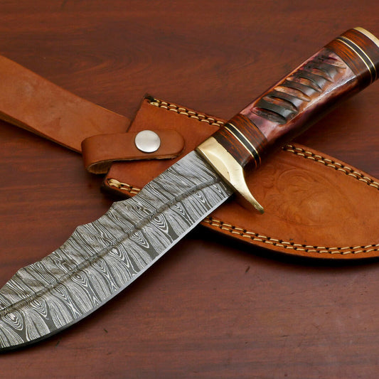 12" Damascus Steel Bowie Knife – Brass Guard, Camel Bone & Pakka Wood