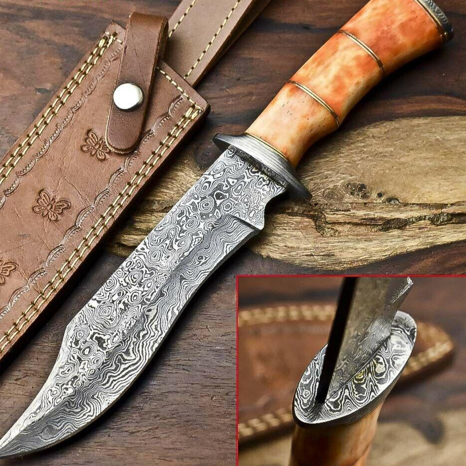 12" Damascus Steel Bowie Knife – Camel Bone Handle 