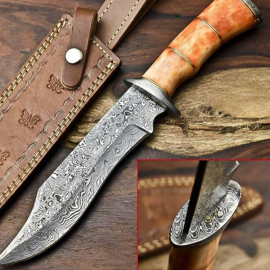 12" Damascus Steel Bowie Knife – Camel Bone Handle 