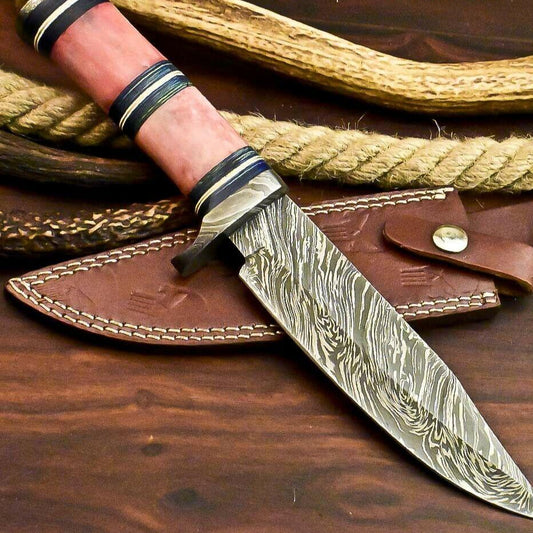 12" Damascus Steel Bowie Knife – Camel Bone Handle | Handmade Hunting Blade