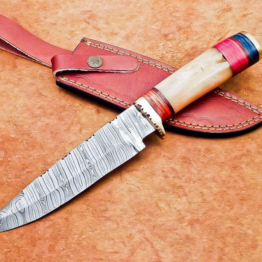12" Damascus Steel Bowie Knife | Camel Bone & Hardwood Handle