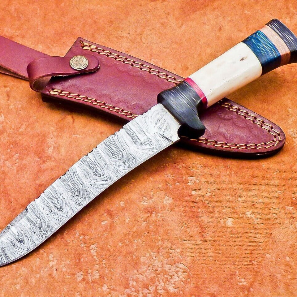 12" Damascus Steel Bowie Knife – Camel Bone & Hardwood Handle with Leather Sheath