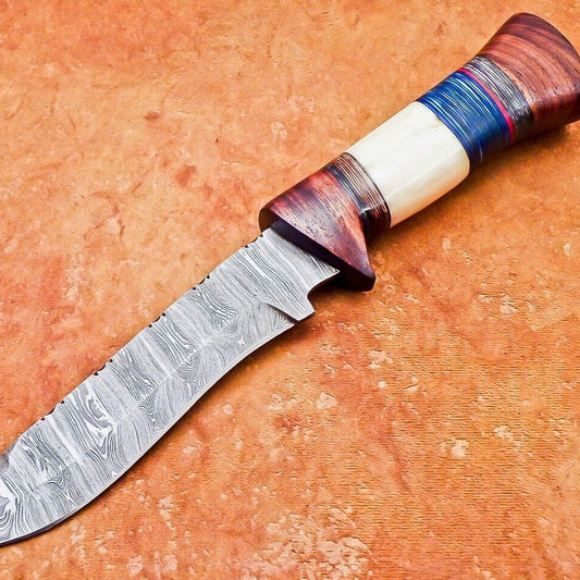 12" Damascus Steel Bowie Knife | Camel Bone & Wood Handle
