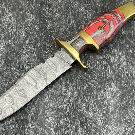 12" Damascus Steel Bowie Knife – Hardwood Handle & Leather Sheath