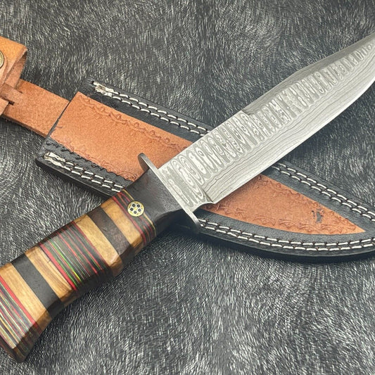 12" Damascus Steel Bowie Knife – Hardwood Handle with Leather Sheath