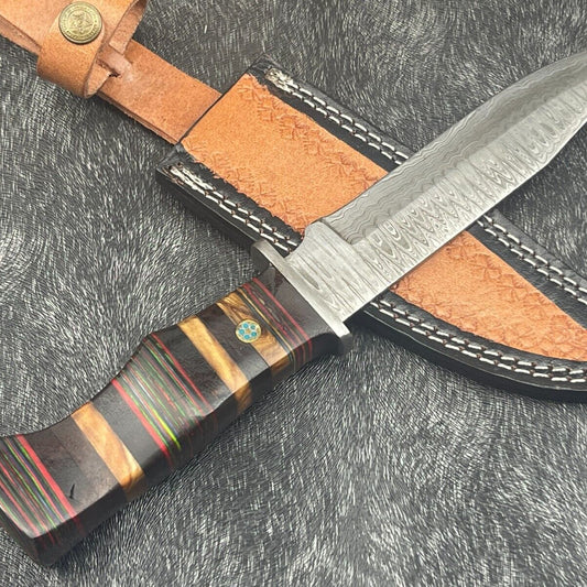  12" Damascus Steel Bowie Knife – Multicolor Hardwood Handle with Sheath