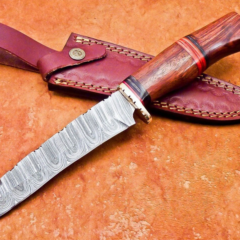 12" Damascus Steel Bowie Knife – Natural Wood Handle