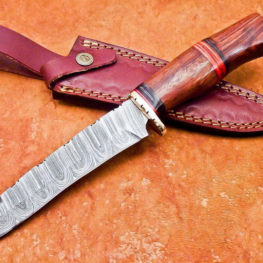 12" Damascus Steel Bowie Knife – Natural Wood Handle