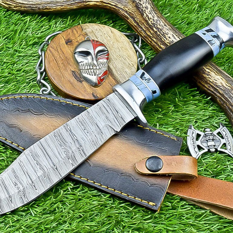 12" Damascus Steel Bowie Knife – Resin Handle & Leather Sheath