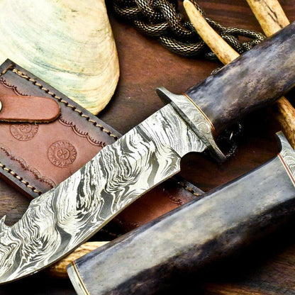 12" Damascus Steel Bowie Knife – Stained Camel Bone Handle