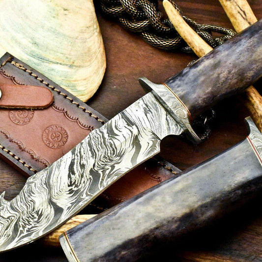 12" Damascus Steel Bowie Knife – Stained Camel Bone Handle