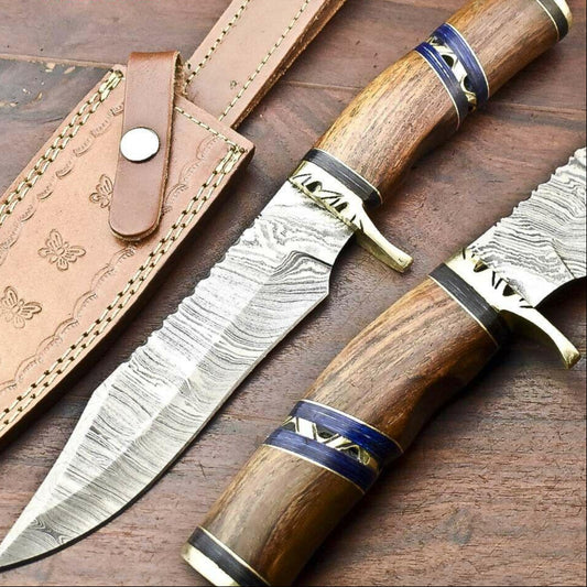 12" Damascus Steel Bowie Knife – Walnut Wood Handle & Leather Sheath