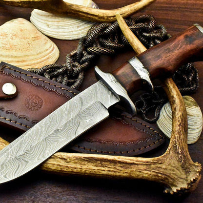 12" Damascus Steel Bowie Knife | Wood Handle with Sub-Hilt & Leather Sheath
