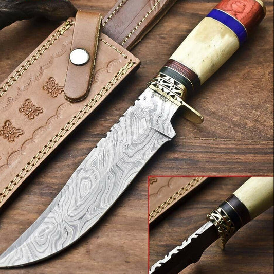 12" Damascus Steel Bowie Knife with Camel Bone Handle – Handmade Full Tang Hunting Blade