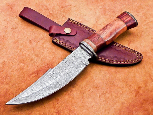 12" Damascus Steel Bowie Knife with Camel Bone Handle – Handmade by Heritage Forge