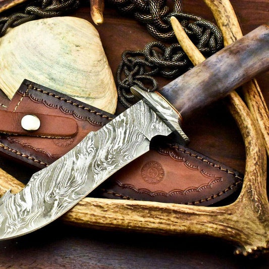 12"  Damascus Steel Bowie Knife with Camel Bone Handle & Leather Sheath