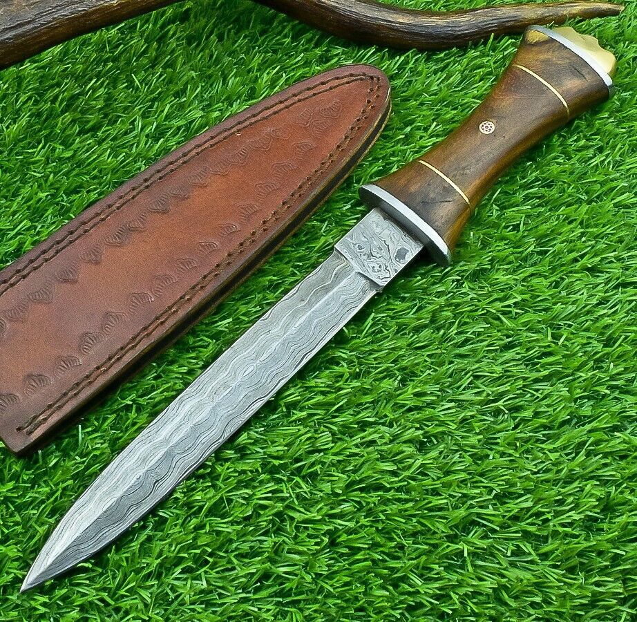 12" Damascus Steel Bowie Knife with Natural Wood Handle – Handmade Hunting Dagger Blade

