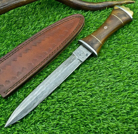 12" Damascus Steel Bowie Knife with Natural Wood Handle – Handmade Hunting Dagger Blade


