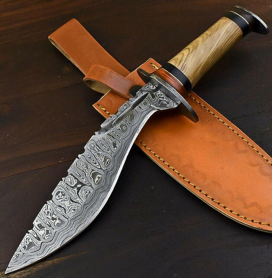 12" Damascus Steel Bowie Knife with Olive Wood Handle Hunting Blade