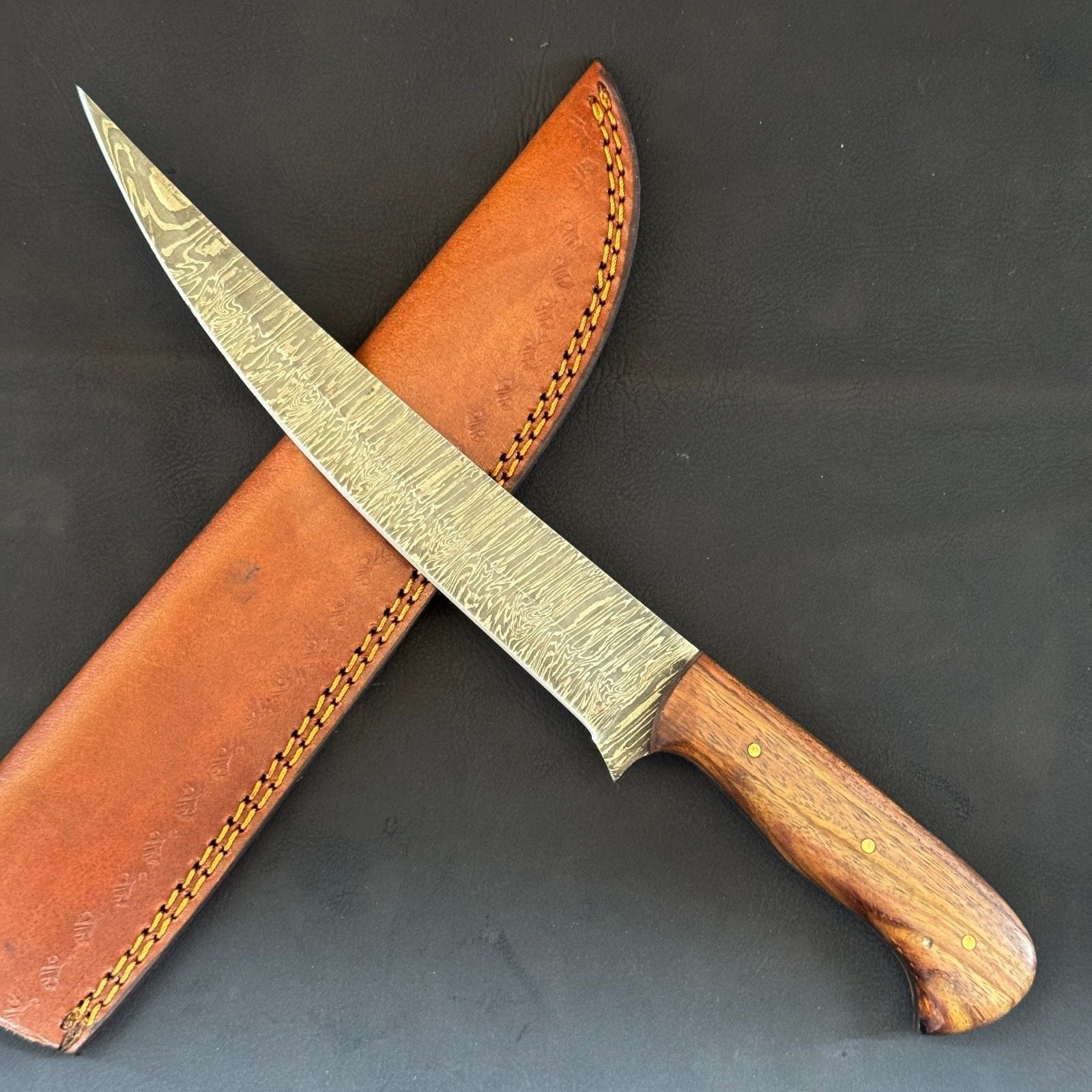 12" Damascus Steel Fillet Knife Handmade Kitchen & Fishing Knife with Wood handle