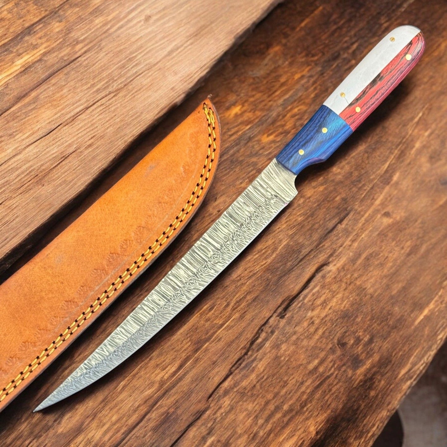  12" Damascus Steel Kitchen Knife Custom Fillet Knife & Best Fillet Knife W/Sheath