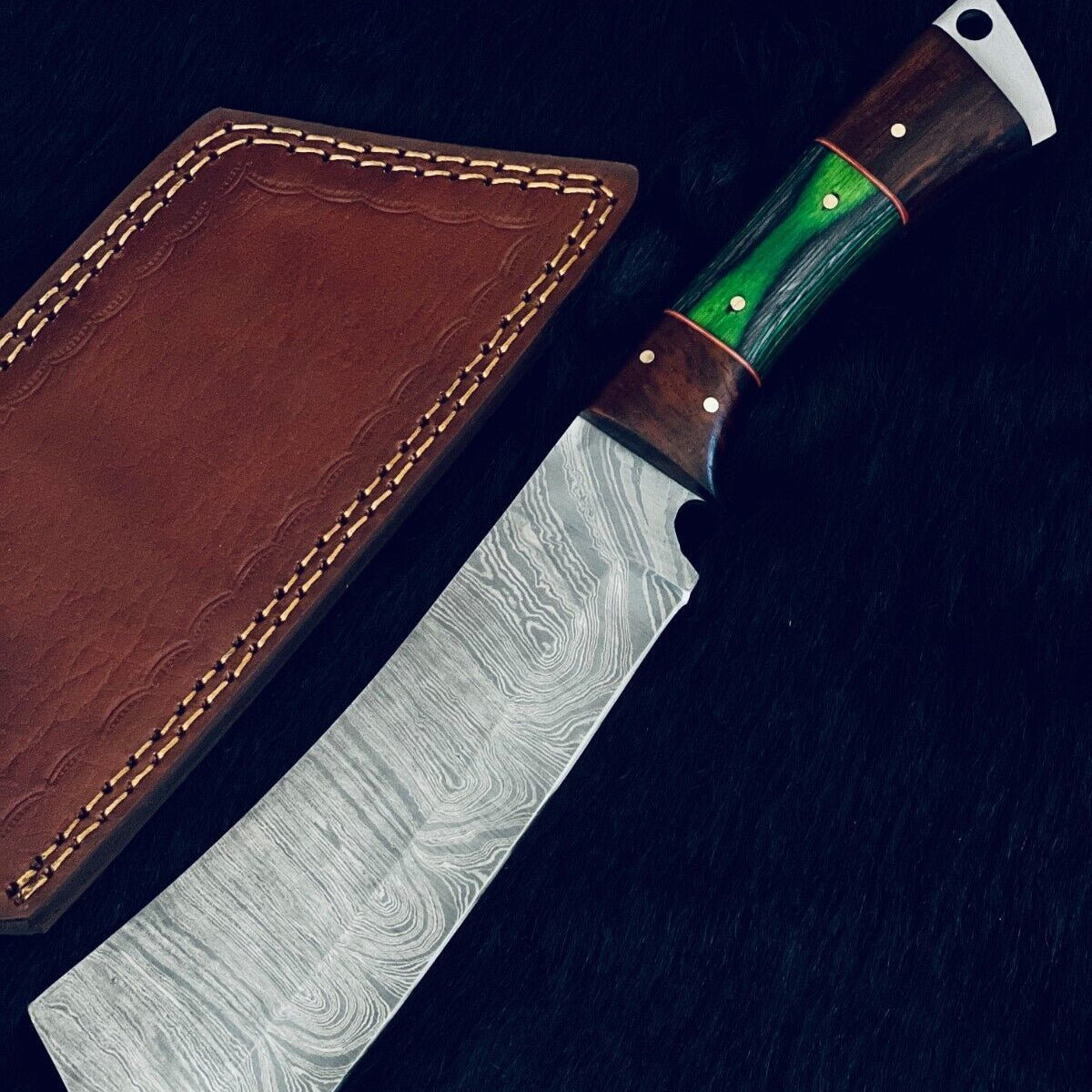 12" Damascus Steel Machete Knife with Camel Bone & Wood Handle – Custom Handmade Hunting Blade