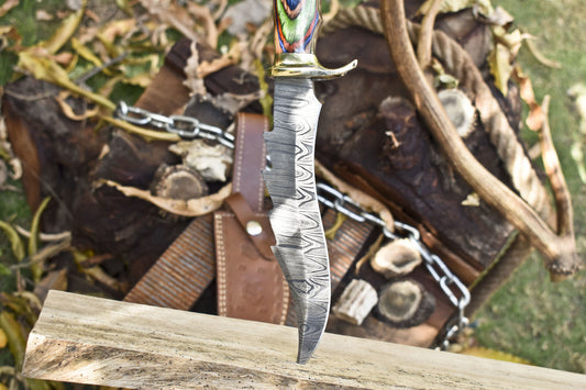 12" Forged Twist Damascus Kris Bowie Knife – Hard Wood Handle & Brass Guard