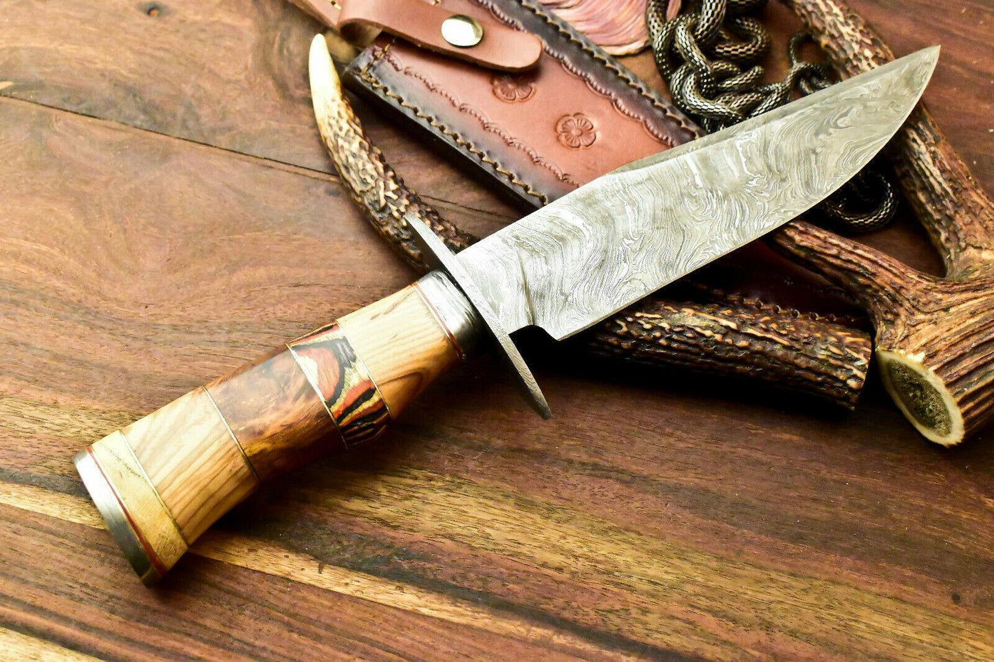 12" Hand Forged Bowie Damascus Steel Knife With Olive Wood Handle & Leather Sheath