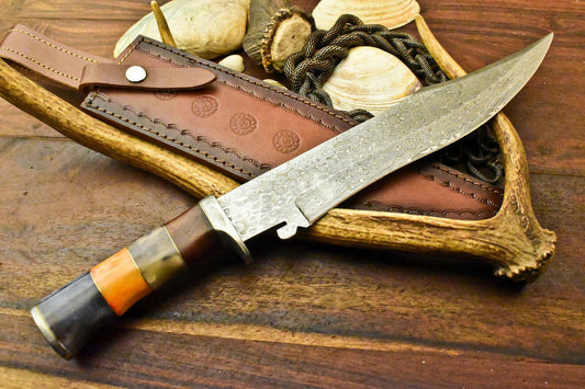 12" Hand Forged Bowie Damascus Steel Knife With Stained Camel Bone Handle & Sheath
