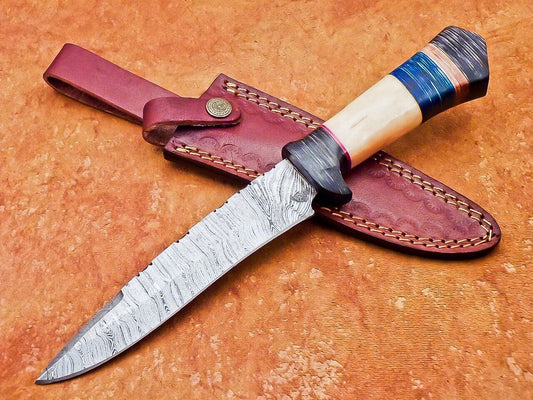 12" Hand Forged Custom Bowie Knife Damascus Steel Knife with Camel Bone & Hardwood Handle