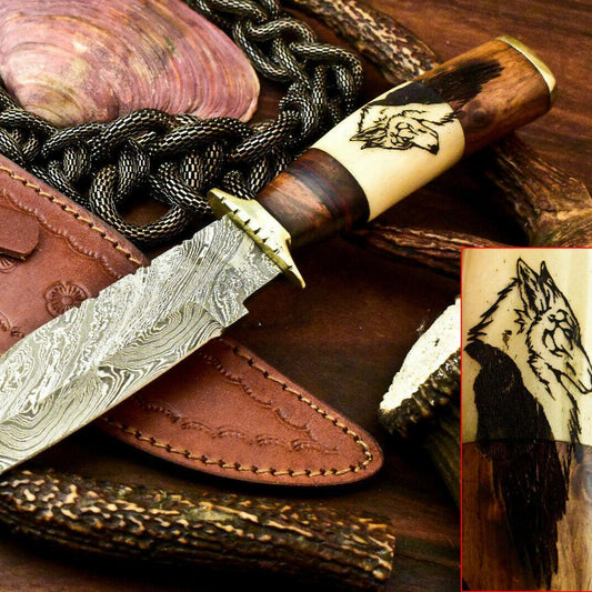 12" Hand Forged Damascus Bowie Knife | Camel Bone Laser Etched
