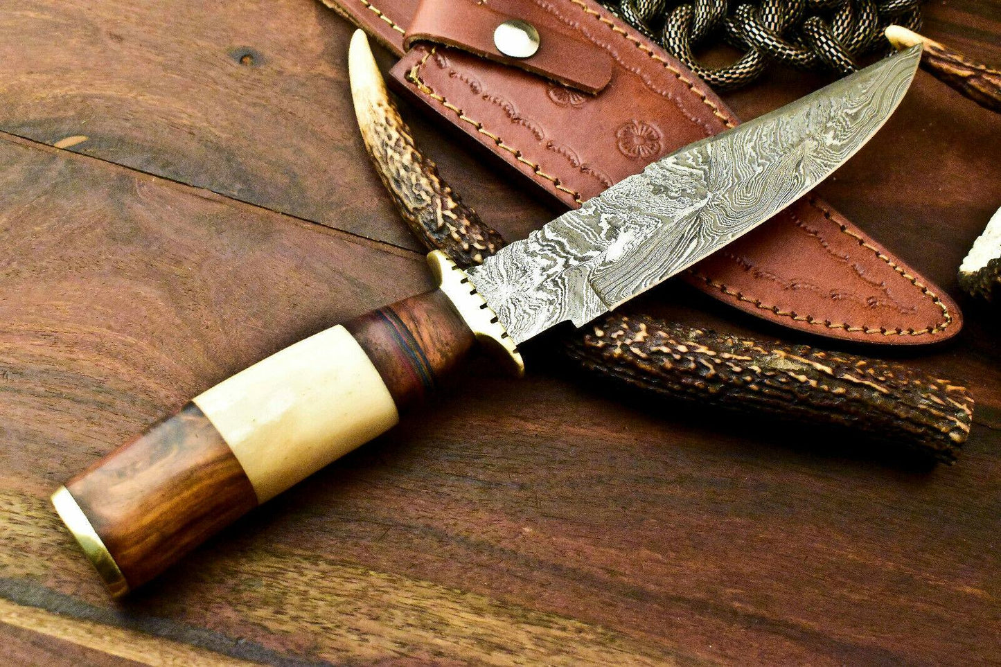 12" Hand Forged Damascus Bowie Knife Damascus Steel Knife With Camel Bone Handle 