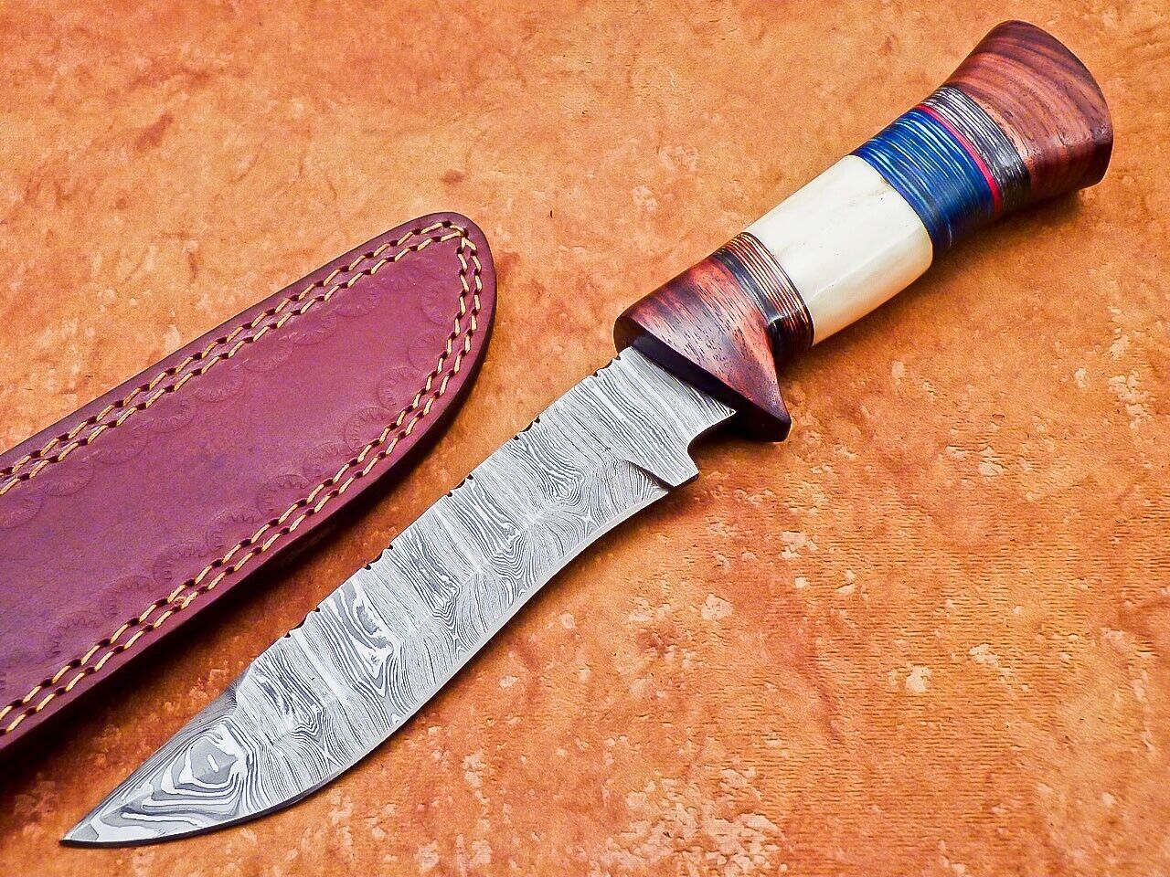 12" Hand Forged Damascus Bowie Knife Damascus Steel Knife with Camel Bone & Wood Handle 