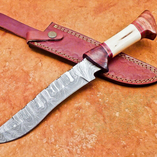  12" Hand Forged Damascus Bowie Knife with Camel Bone & Wood Handle – Leather Sheath Included