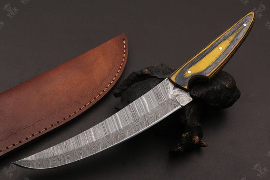 12" Hand Forged Damascus Fillet Knife Damascus Steel Fillet Knife With Leather Sheath