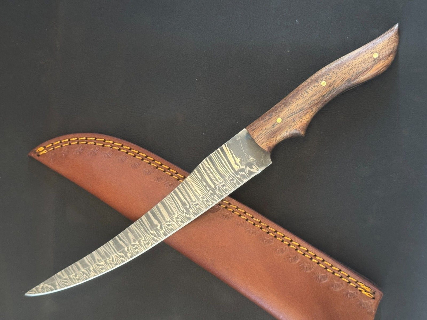 12" Hand Forged Damascus Kitchen Fillet Knife with Wood Handle & Leather Sheath