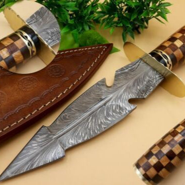 12" Hand Forged Damascus Knife Bowie Knife for Sale With Burl Wood Handle & Sheath