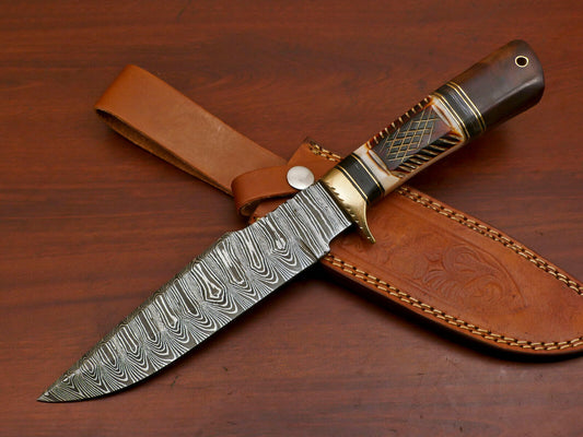 12" Hand Forged Damascus Knife Bowie Knife for Sale with Camel Bone & Rosewood Handle