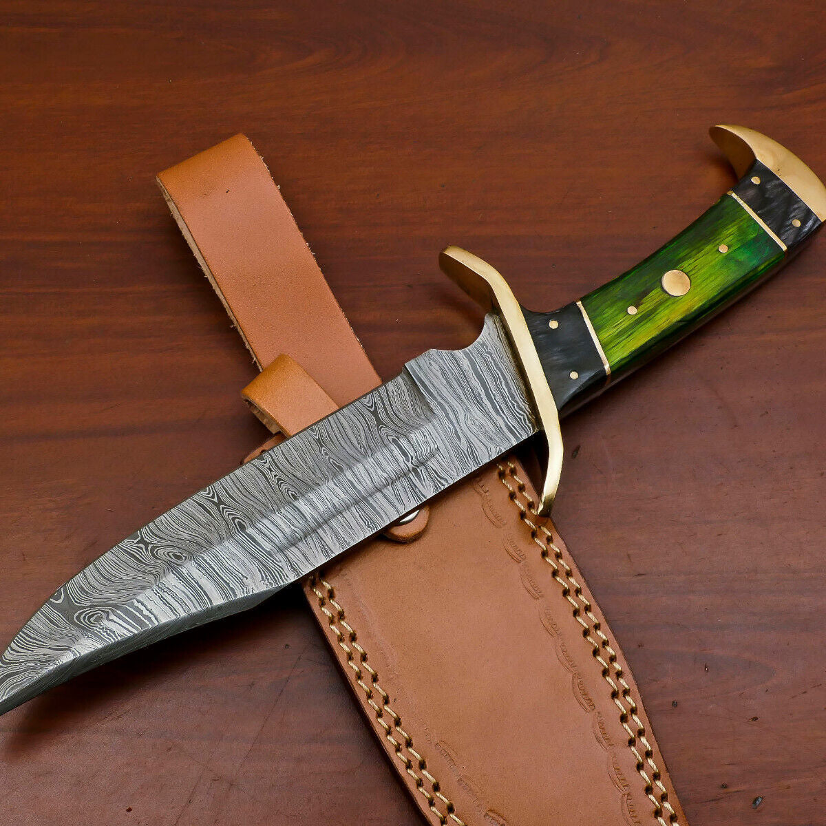 12" Hand Forged Damascus Steel Bowie Hunting Knife with Pakka Wood Handle