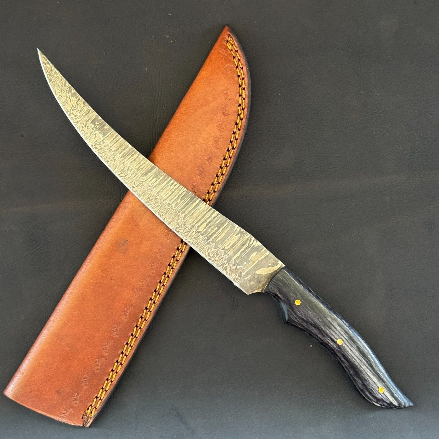 12" Hand Forged Damascus Steel Fillet Knife Kitchen & Fishing Knife With Leather Sheath