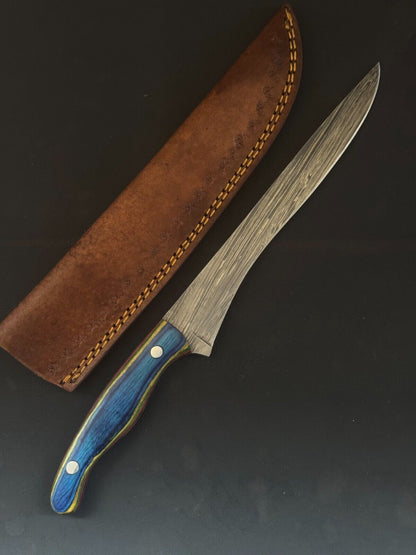 12" Hand Forged Damascus Steel Kitchen Fillet Knife With Pakka Wood Handle 