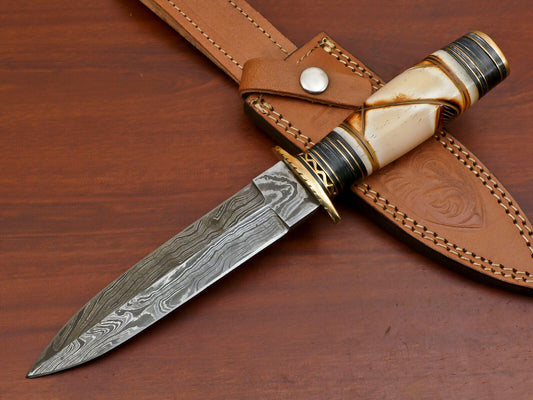 12" Hand Forged Damascus Steel Knife Bowie Knife for Sale with Burn Camel Bone Handle