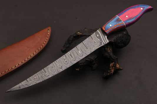 12" Hand Forged Twist Damascus Steel Fillet Knife Custom Fillet Knife With Leather Sheath 